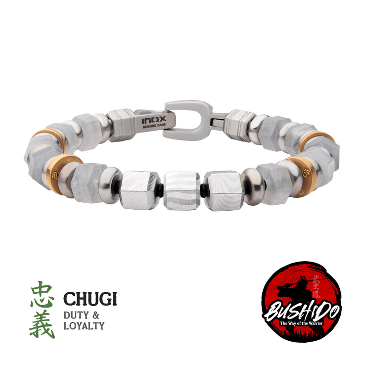 8mm Mokume Gane and White Quartz Beads Bushido Virtue Bracelet -CHUGI: Duty and Loyalty