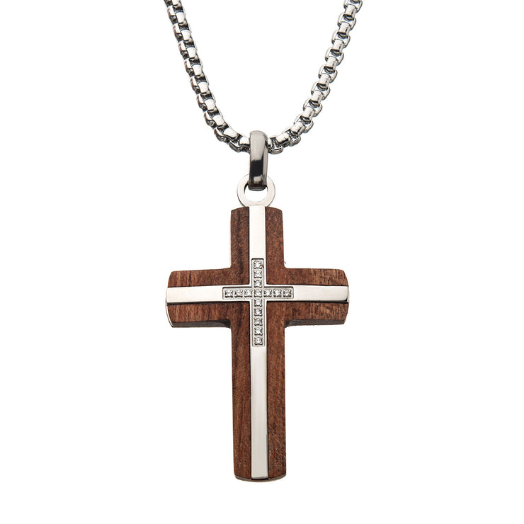 Bubinga Wood & Steel Cross Pendant with 15pcs 1mm Genuine Clear Diamonds