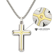 18Kt Gold IP Steel Two Tone Solitaire Accented Clear Lab-Grown Diamond Cross Pendant