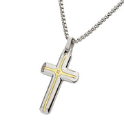 18Kt Gold IP Steel Two Tone Solitaire Accented Clear Lab-Grown Diamond Cross Pendant