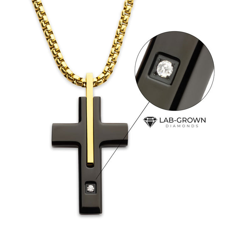 18Kt Gold IP and Black IP Steel Solitaire Accented Clear Lab-Grown Diamond Cross Pendant