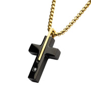 18Kt Gold IP and Black IP Steel Solitaire Accented Clear Lab-Grown Diamond Cross Pendant