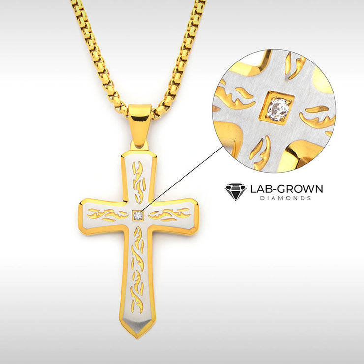 18Kt Gold IP Tribal Cross Pendant with 2mm Lab-grown Diamond