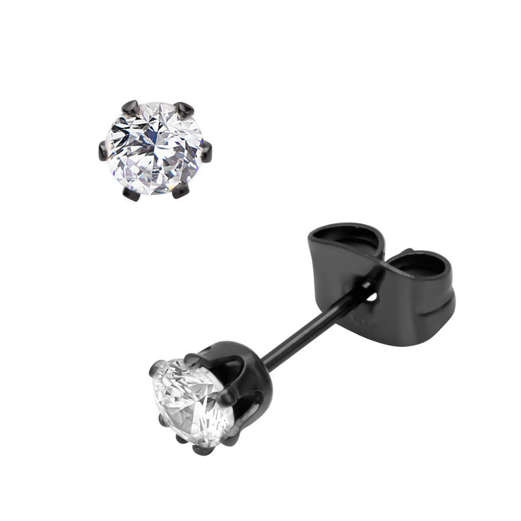 Black IP Steel with Clear CZ Stud Earrings (Unisex)