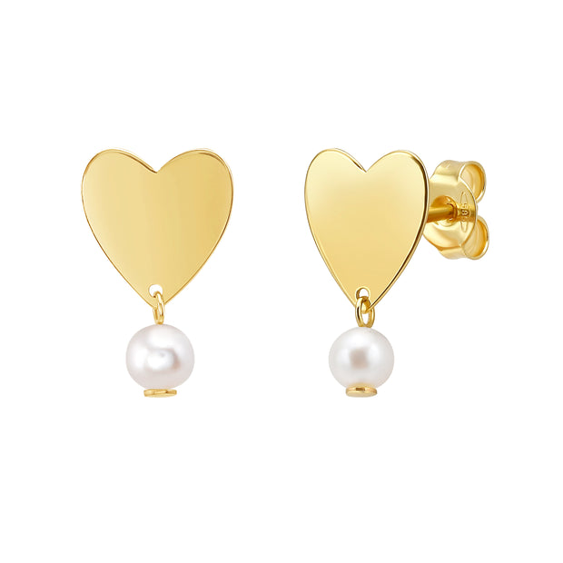 14K Heart and Pearl Drop Studs