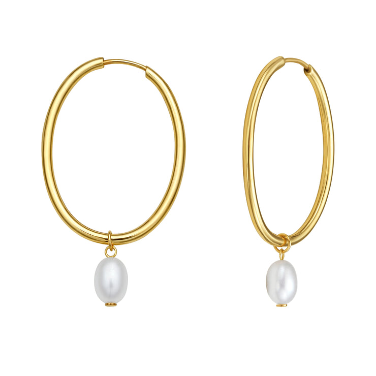 14K Pearl Drop Oval Hoops