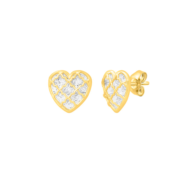 14K Gold Diamond Cut Checkered Heart Studs