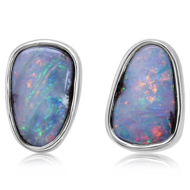 Sterling Silver Boulder Opal Small Plain Bezel Earrings