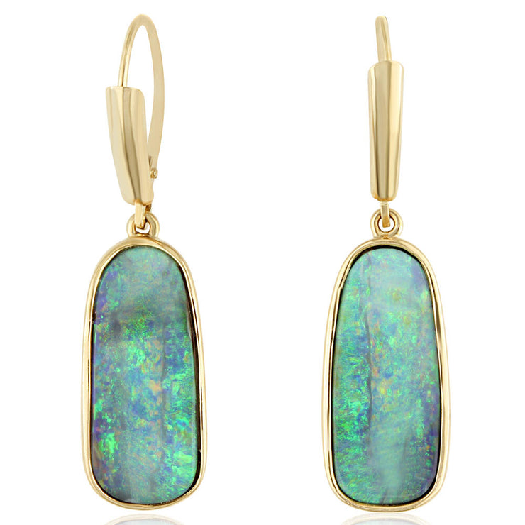 14K Yellow Gold Boulder Opal Plain Bezel Leverback Earrings