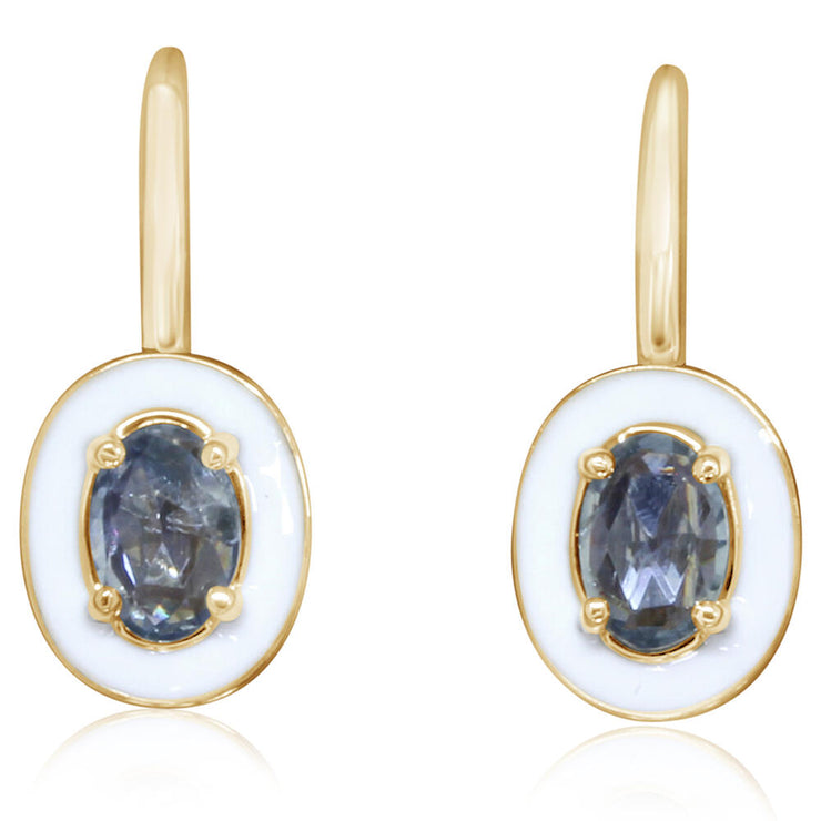 14K Yellow Gold Montana Sapphire Earrings with White Enamel