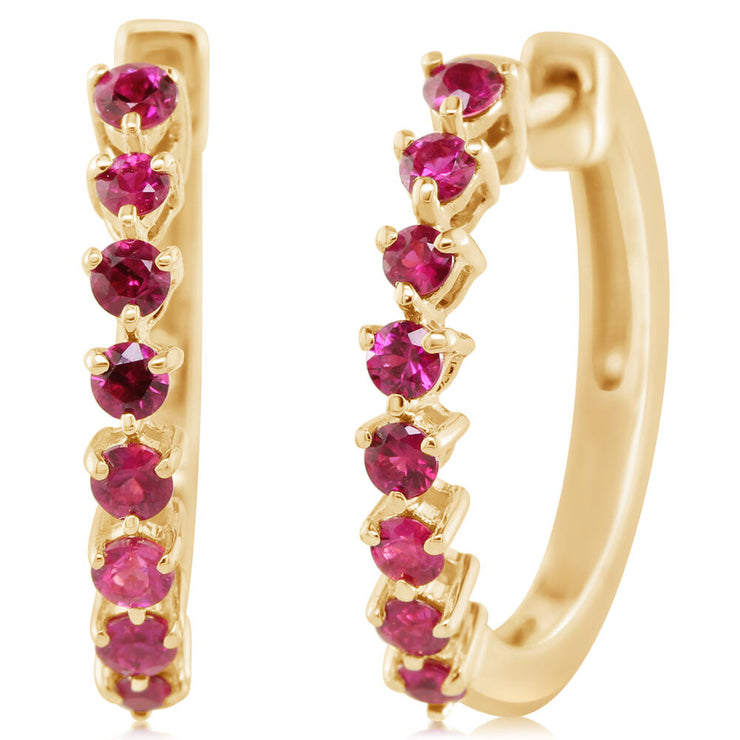 14K Yellow Gold Ruby Hoop Earrings