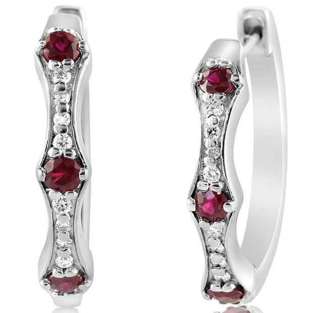 14K White Gold Ruby/Diamond Hoop Earrings