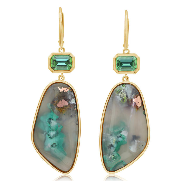 14K Yellow Gold Confetti Chrysocolla/Blue Green Tourmaline Earrings