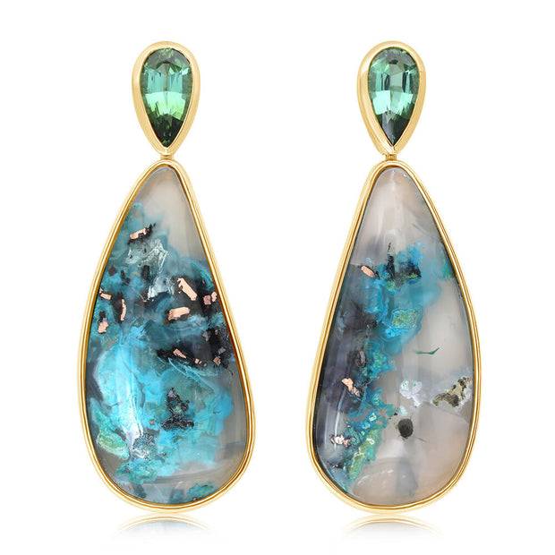 14K Yellow Gold Confetti Chrysocolla/Green Tourmaline Earrings