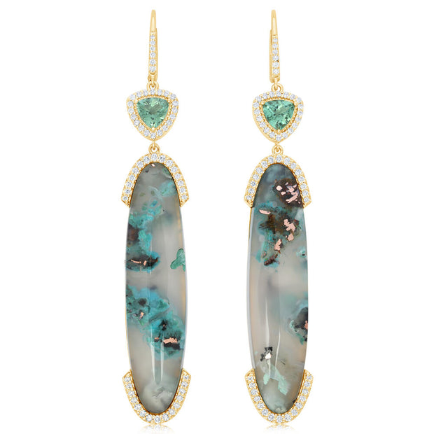 14K Yellow Gold Confetti Chrysocolla/Mint Tourmaline/Diamond Earrings