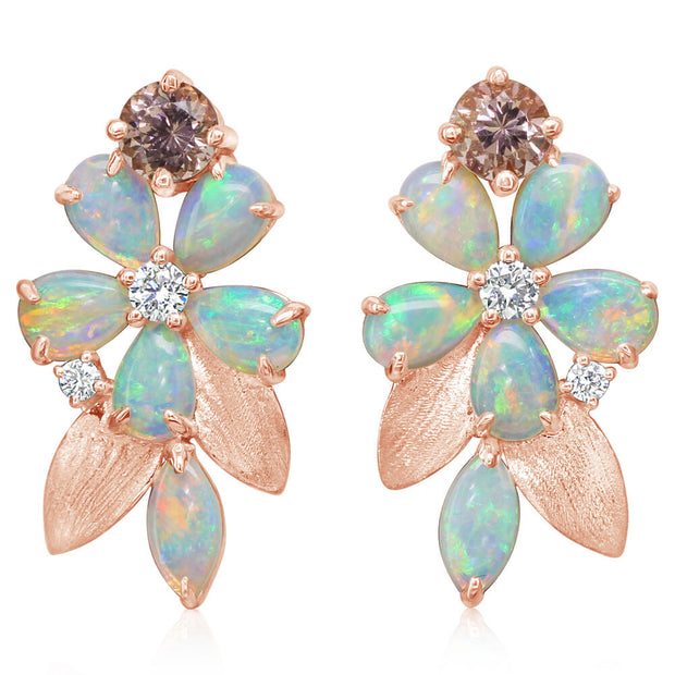 14K Rose Gold Australian Opal/Lotus Garnet/Diamond Flower Earrings