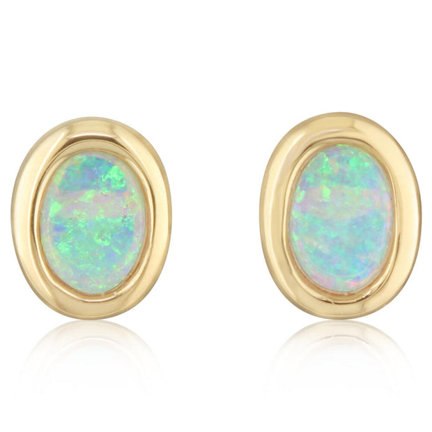 14K Yellow Gold 8x6 Oval Australian Opal Earrings