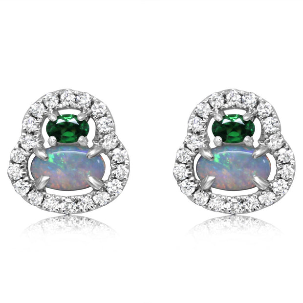 14K White Gold Australian Opal/Tsavorite/Diamond Earrings