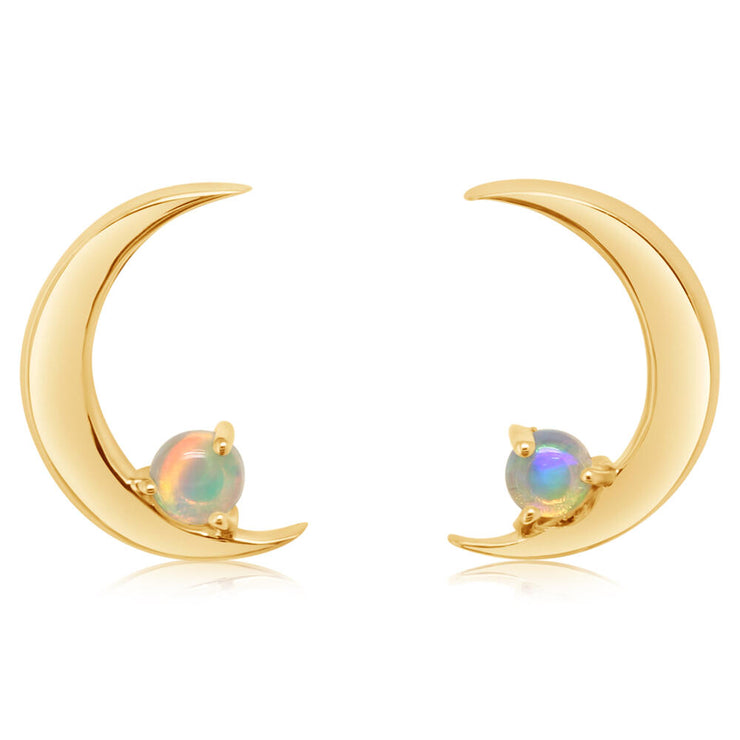 14K Yellow Gold Australian Opal Moon Earrings