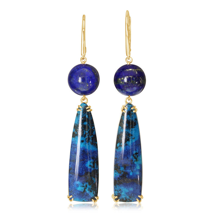 14K Yellow Gold Shattuckite Chrysocolla/Lapis Lazuli Bead Earrings