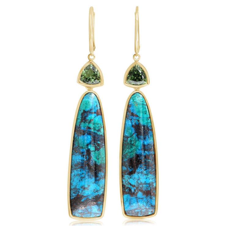 14K Yellow Gold Chrysocolla/ Green Tourmaline Earrings