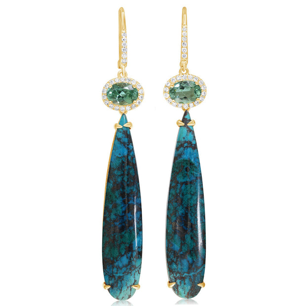 14K Yellow Gold Chrysocolla/ Mint Green Tourmaline Earrings