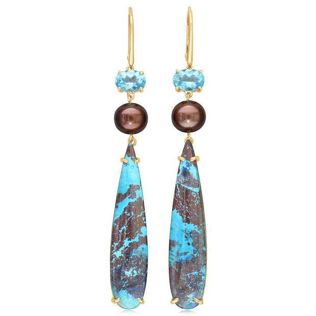 14K Yellow Gold Chrysocolla/Freshwater Chocolate Pearl/Apatite Earrings ,D