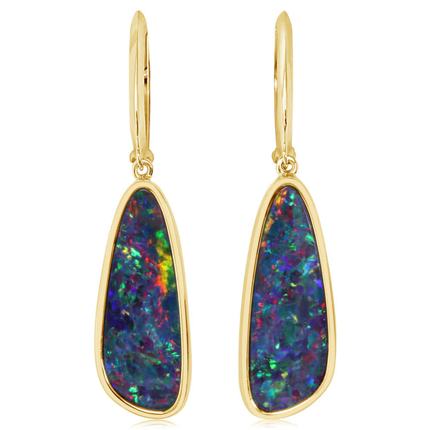 14K Yellow Gold Australian Opal Doublet Plain Bezel Leverback Earrings