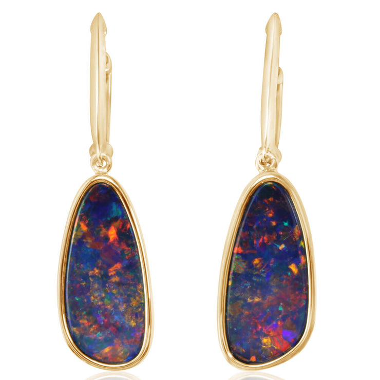 14K Yellow Gold Australian Opal Doublet Leverback Earrings