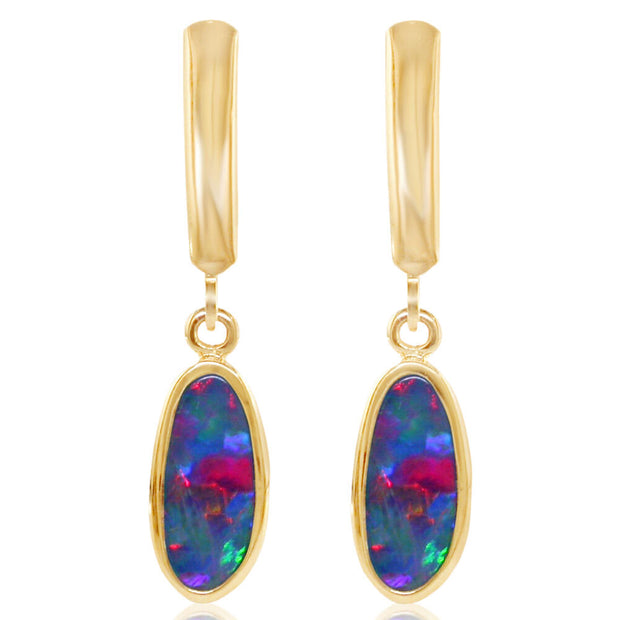 14K Yellow Gold Australian Opal Doublet Plain Bezel Leverback Earrings