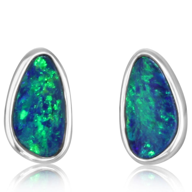 14K White Gold Australian Opal Doublet Small Plain Bezel Earrings