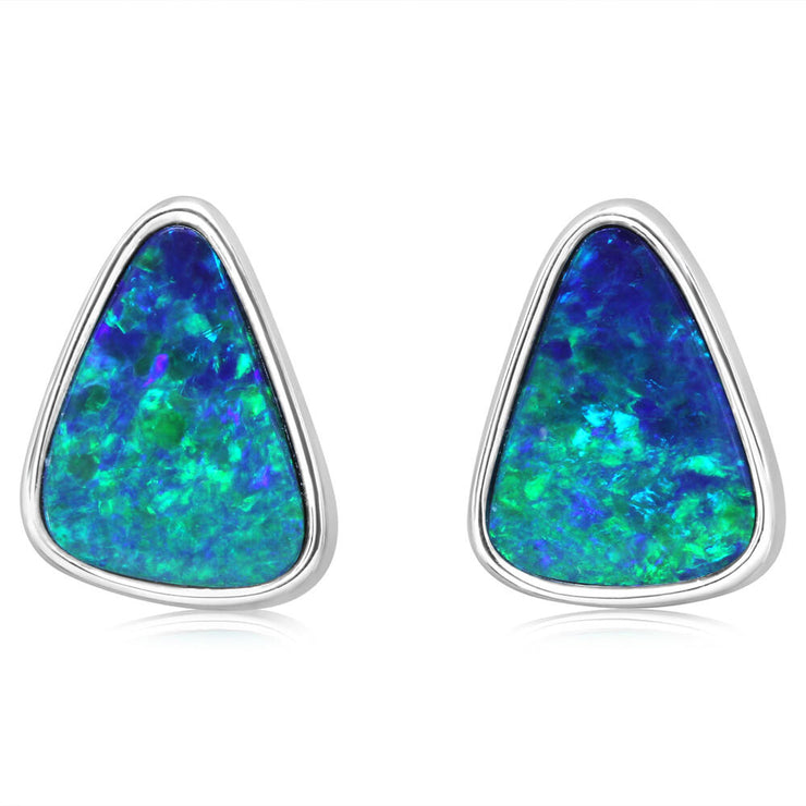 14K White Gold Australian Opal Doublet Small Plain Bezel Earrings