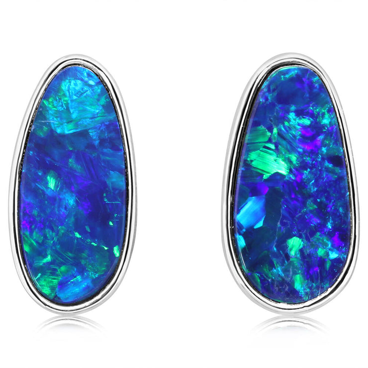 14K White Gold Australian Opal Doublet Small Plain Bezel Earrings