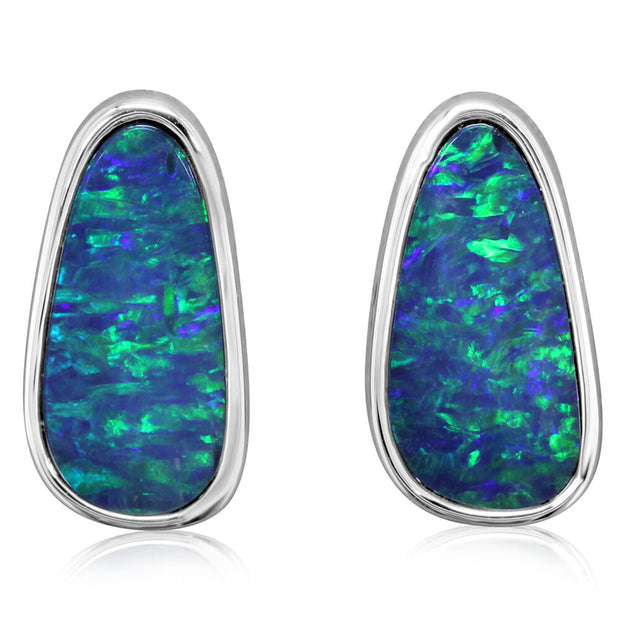 14K White Gold Australian Opal Doublet Plain Bezel Earrings