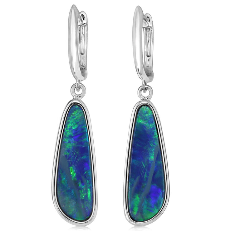 14K White Gold Australian Opal Doublet Plain Bezel Leverback Earrings