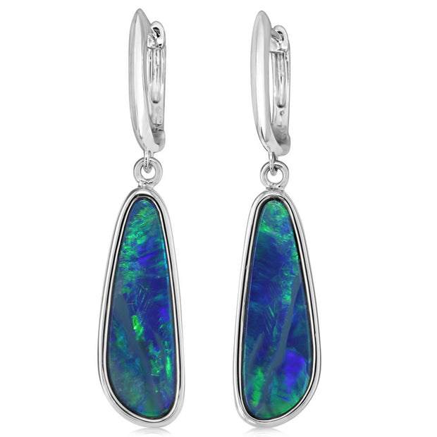 14K White Gold Australian Opal Doublet Plain Bezel Leverback Earrings