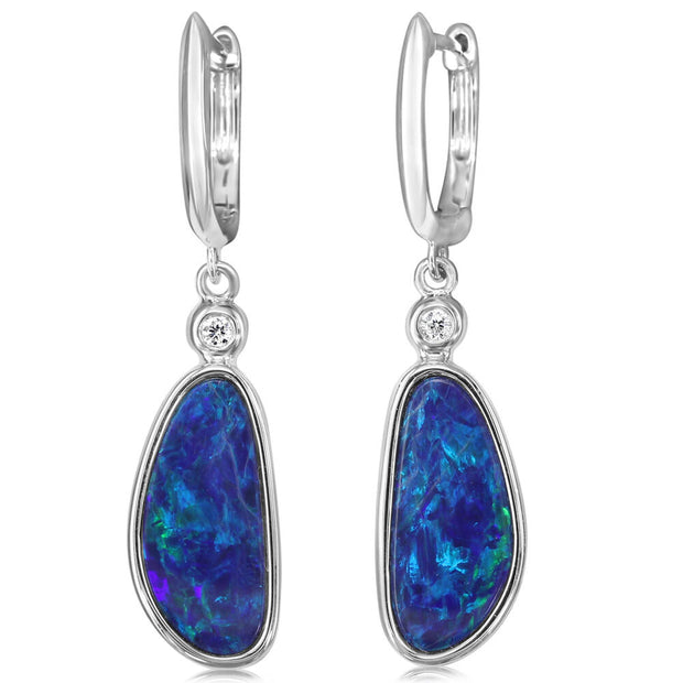 14K White Gold Australian Opal Doublet with Diamond Earrings