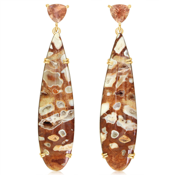 14K Yellow Gold Druzy Petrified Wood/Oregon Sunstone Earrings