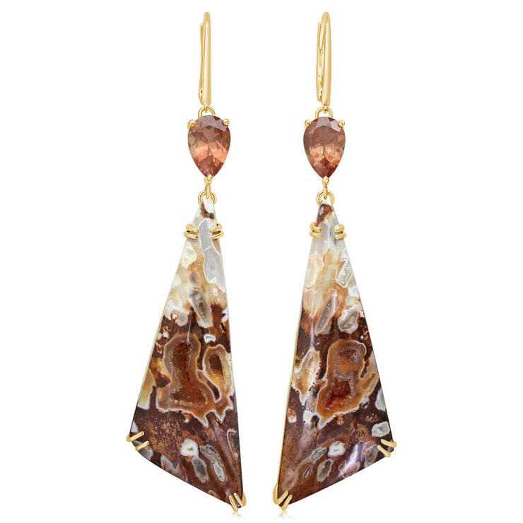 14K Yellow Gold Druzy Petrified Wood/Oregon Sunstone Earrings