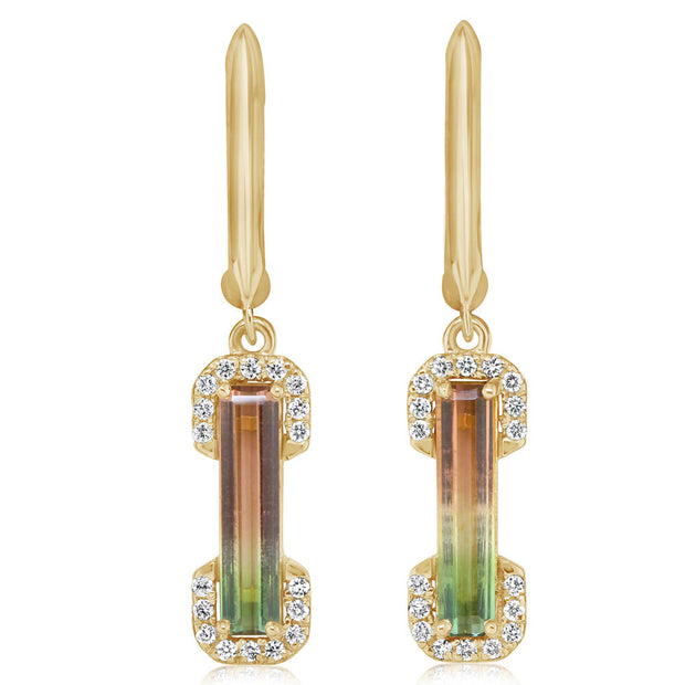 14K Yellow Gold Bi-Color Tourmaline/Diamond Earrings