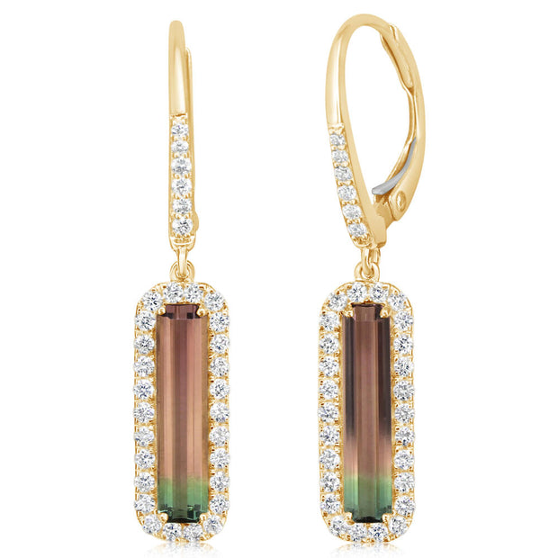 14K Yellow Gold Bi-Color Tourmaline/Diamond Earrings