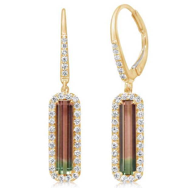 14K Yellow Gold Bi-Color Tourmaline/Diamond Earrings