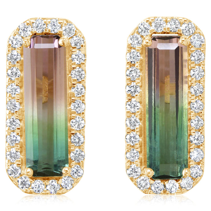 14K Yellow Gold Bi-Color Tourmaline/Diamond Earrings