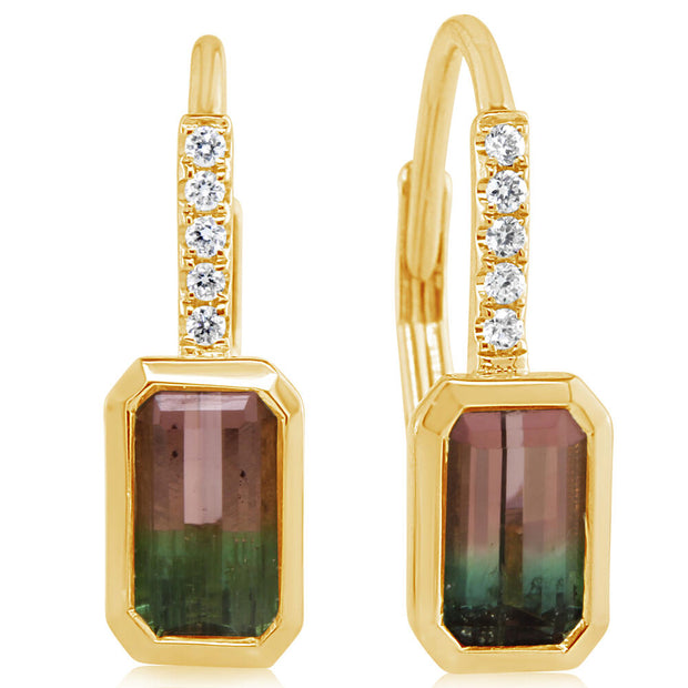 14K Yellow Gold Bi-Color Tourmaline/Diamond Earrings