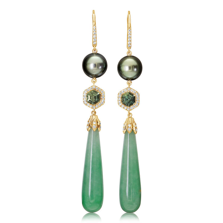 14K Yellow Gold Green Jade/Montana Sapphire/Tahitian Pearl/Diamond Earrings