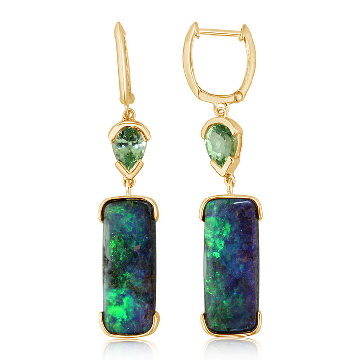 14K Yellow Gold Australian Boulder Opal/Mint Garnet Earrings