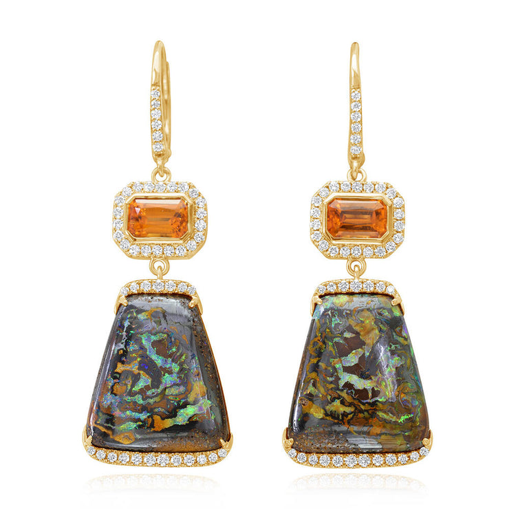 18K Yellow Gold Australian Boulder Opal/Mandarin Garnet/Diamond Earrings