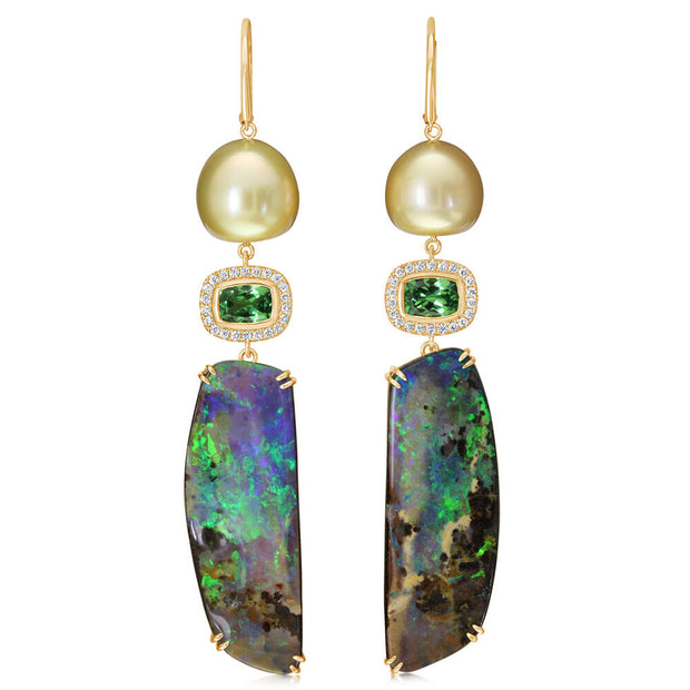 18K Yellow Gold Australian Boulder Opal/South Sea Pearl/Tsavorite Earrings