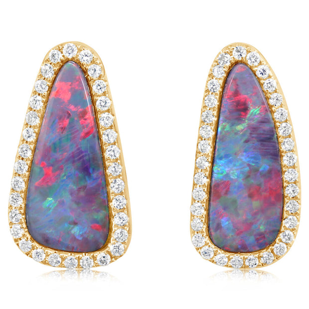 14K Yellow Gold Australian Opal Doublet/Diamond Earrings