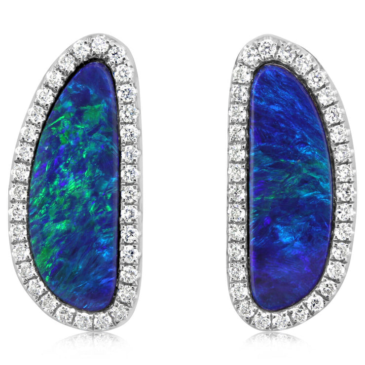 14K White Gold Australian Opal Doublet/Diamond Earrings